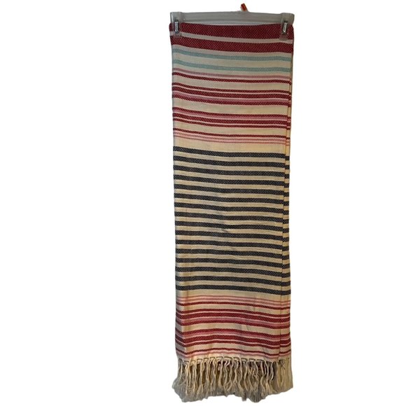 J Jill Scarf Red Blue Cream Striped Cotton Geranium Fringe 70" x 46" NEW - Picture 1 of 6